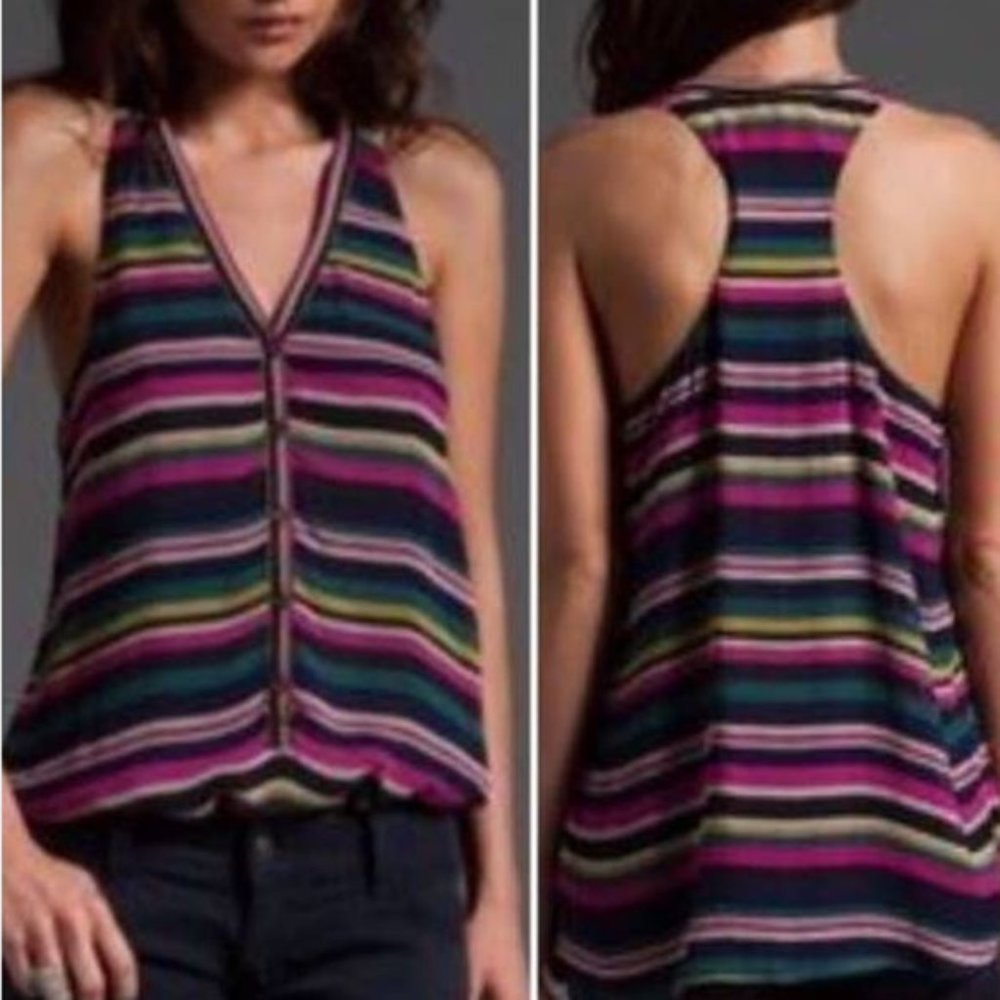Joie 100% Silk Rainbow Stripe Racer‎ Back Button Front Tank Sz XS - EUC